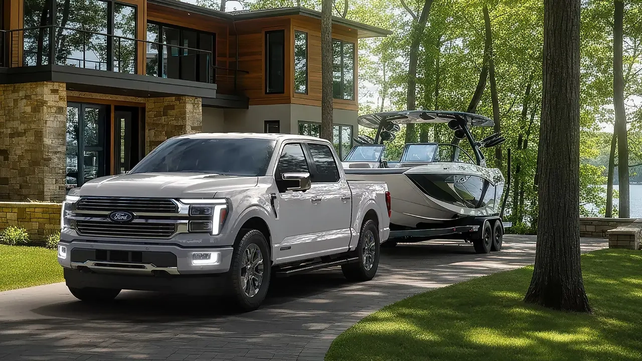 Ford F-150 2026 gris argenté garé devant un chalet en bois en forêt, remorquant un bateau sur une remorque, démontrant sa capacité de remorquage